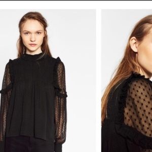 ZARA BLACK SEMI SHEER SWISS DOT HIGH NECK TOP